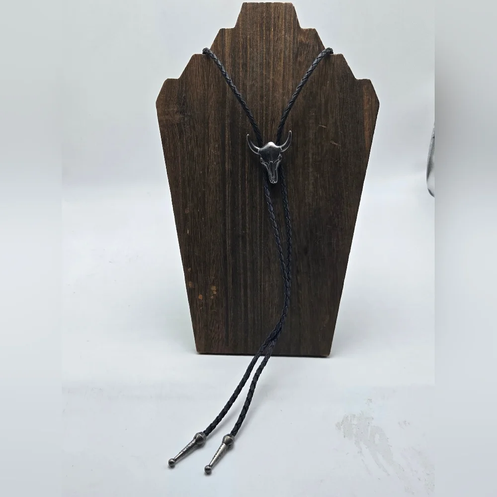 Western Bull Skull Silver Tone Bolo Lariat Tie Men's Accessories Metal Costume_2